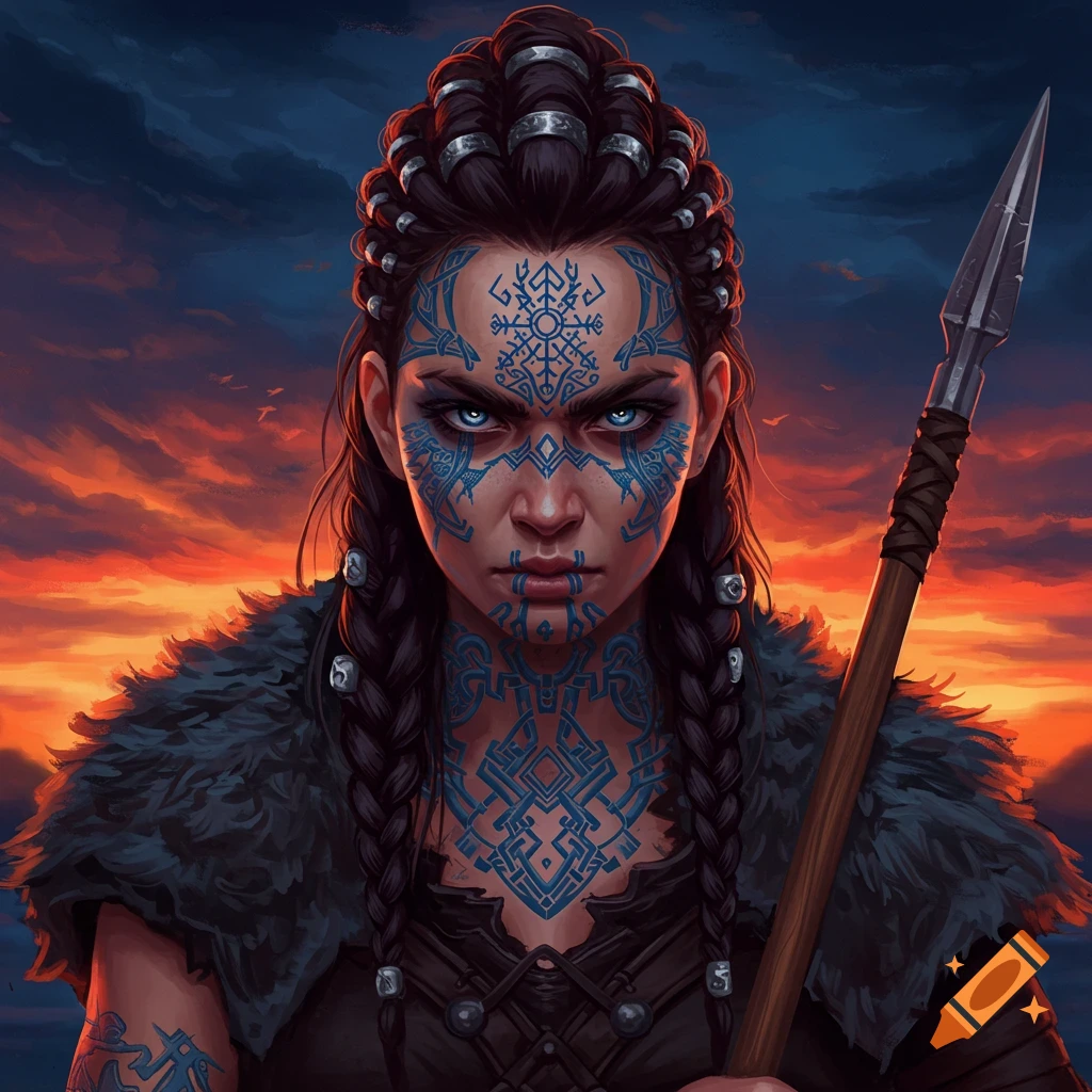 A woman with blue face tattoos and braided hair holds a spear against a sunset sky.