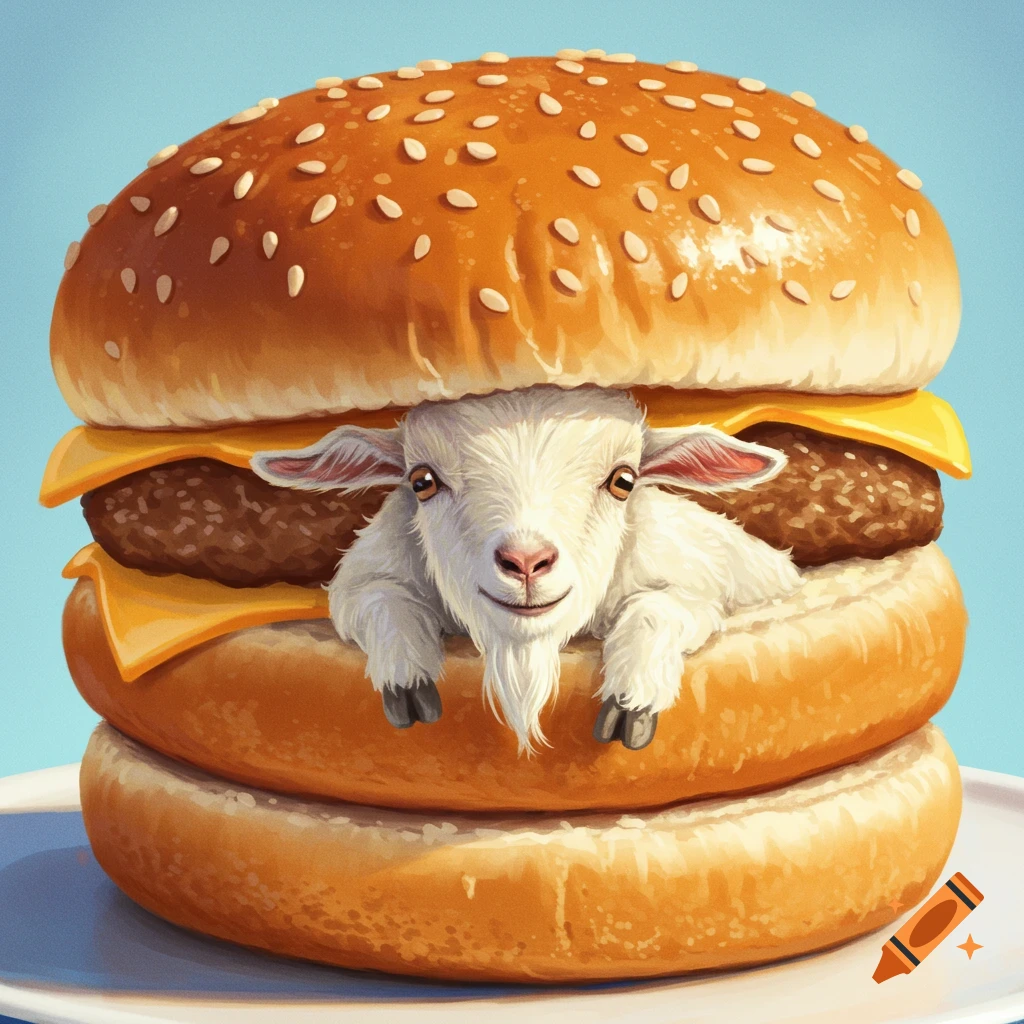 A baby goat is inside a cheeseburger.