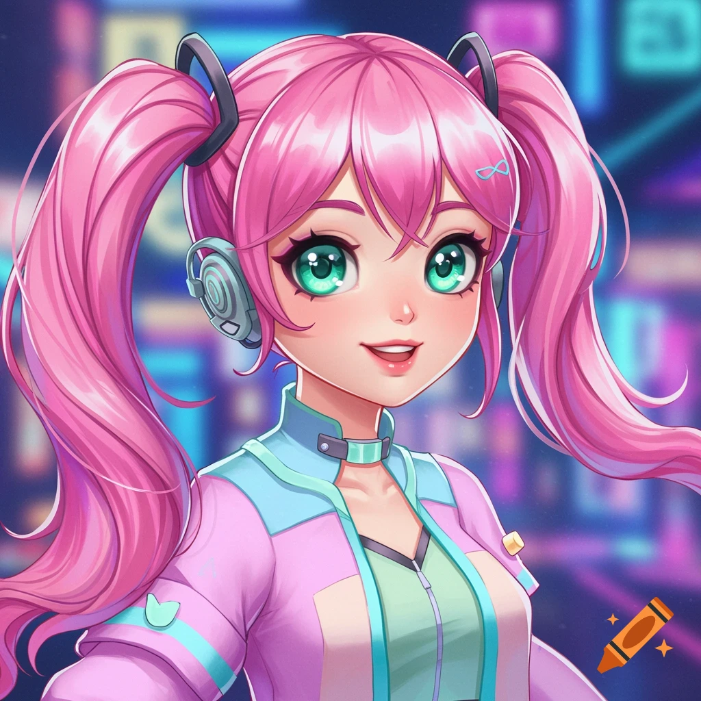 Anime portrait of a cute girl with pink twintails and green eyes, wearing headphones and a futuristic jacket, against a neon cityscape.
