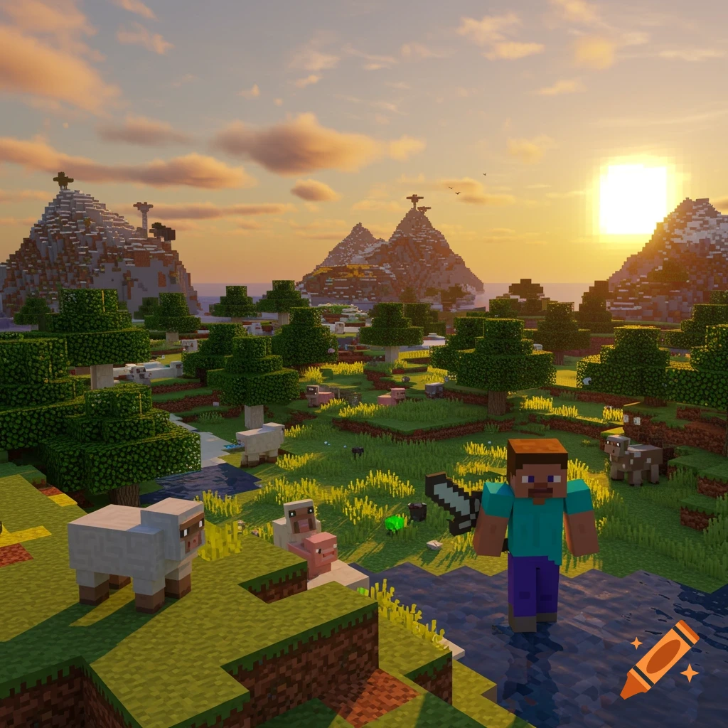 Minecraft world at sunset with character Steve, sheep, and pigs in a pixelated landscape.