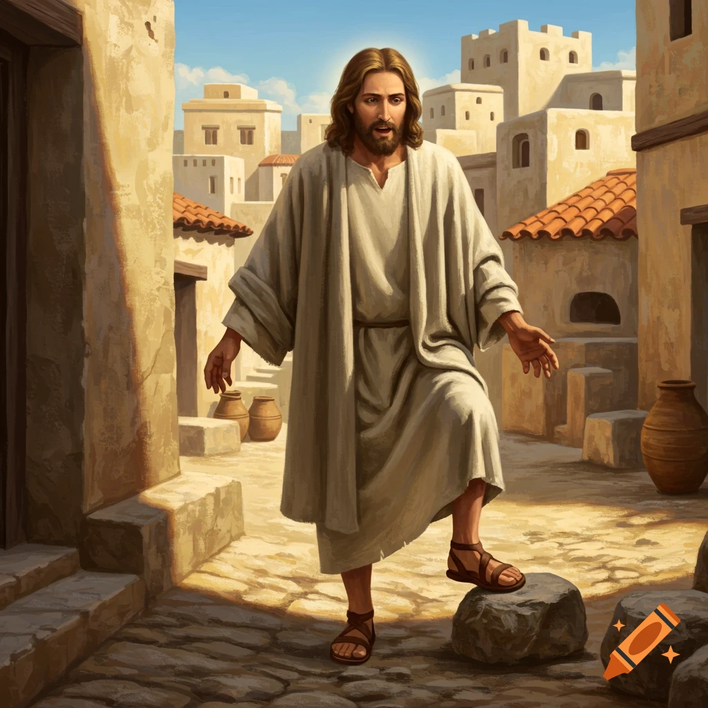 Jesus stepping on a rock in a town street.