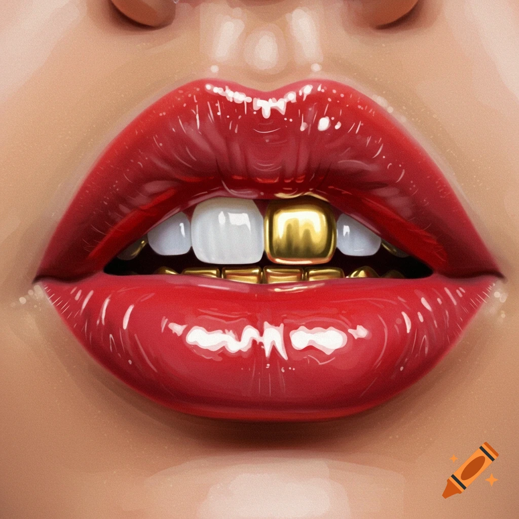 Close-up of red lips with a gold tooth.