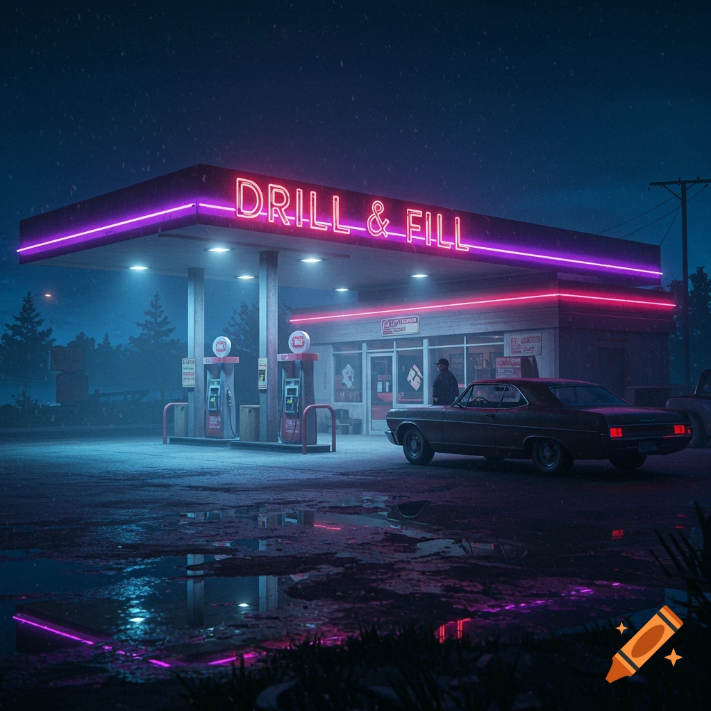 A gas station at night illuminated by purple and pink neon lights. A car is parked nearby, and puddles on the ground reflect the vibrant lights.