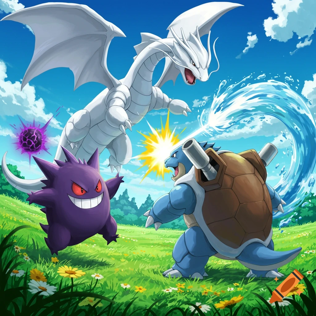 Gengar, Blastoise, and a white dragon battle in a sunny field with flowers.