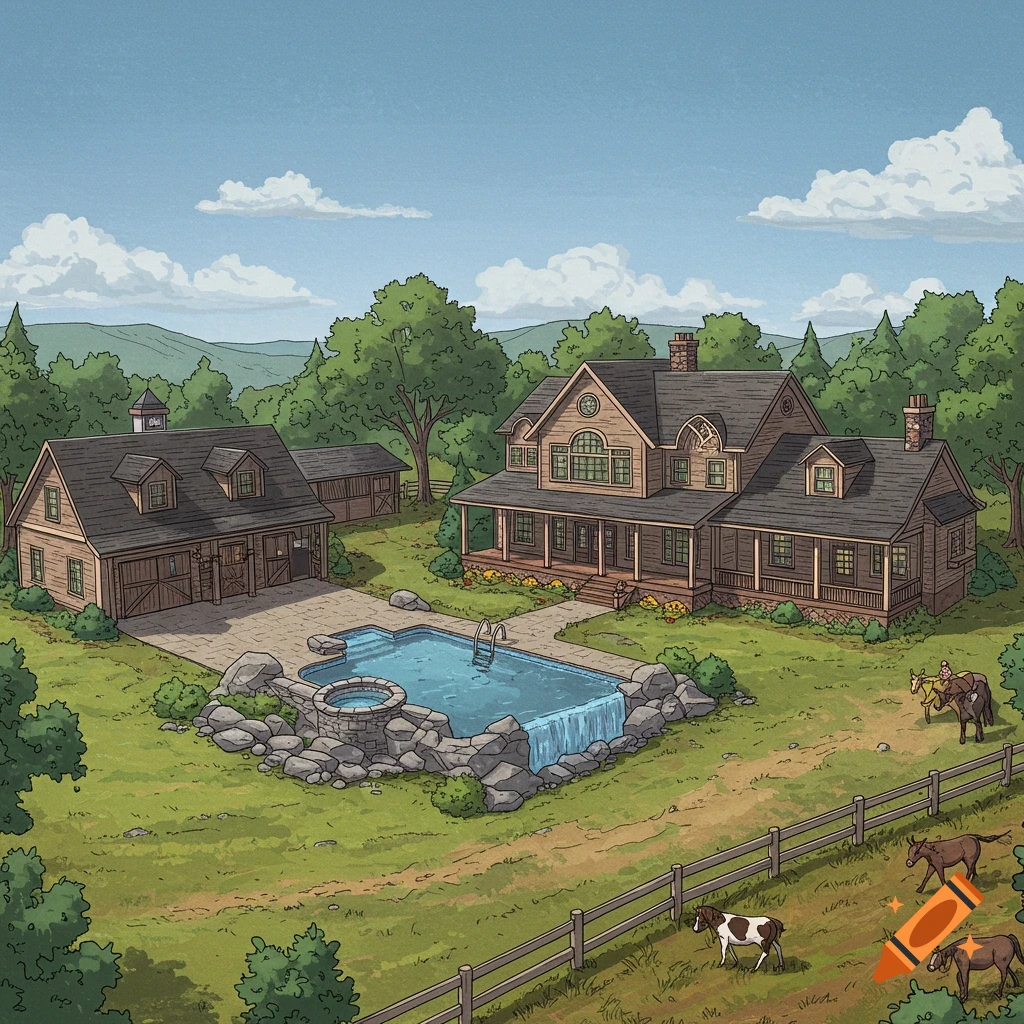 A large house, pool, and stable are located on a farm with animals in a rural landscape.