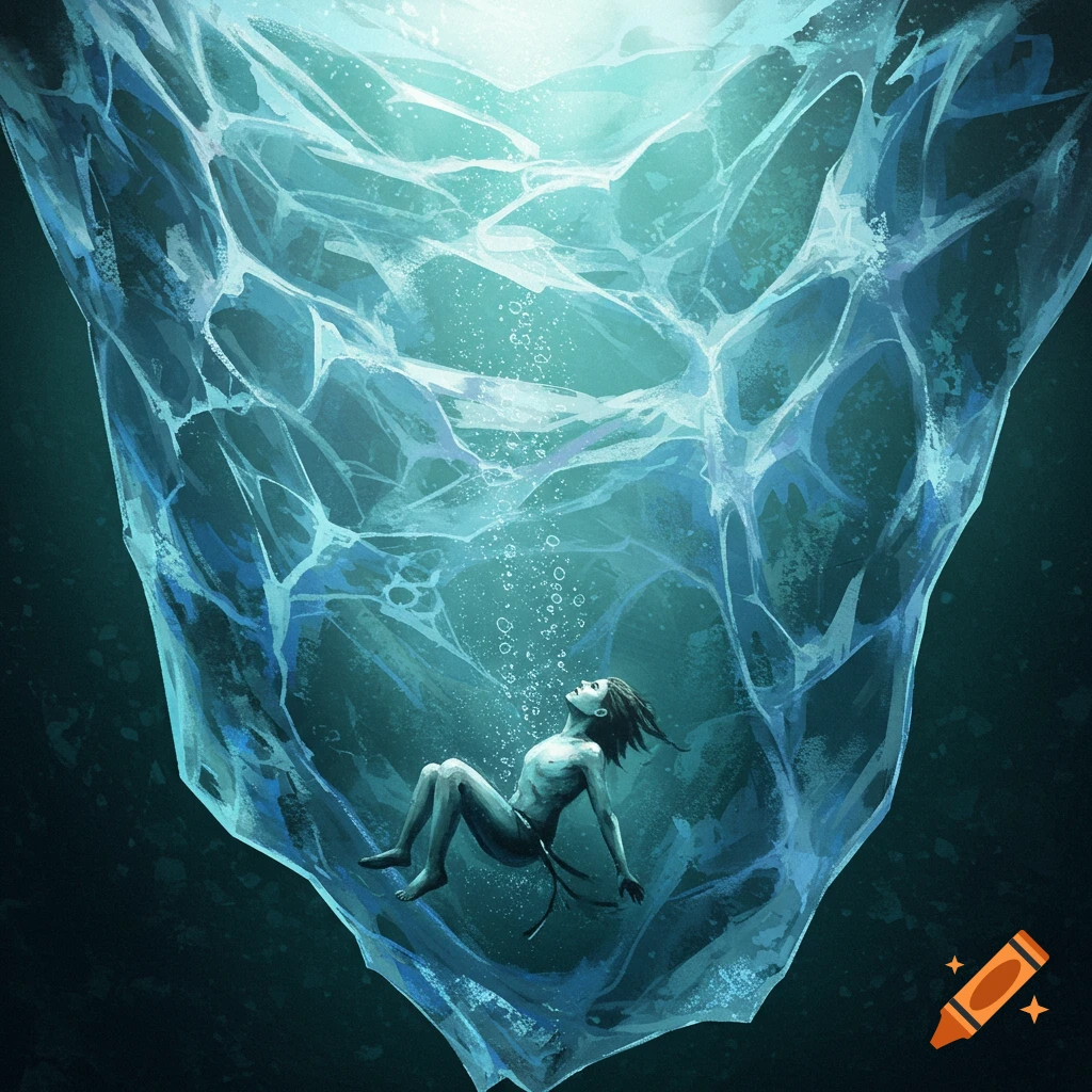 A figure sinking beneath a large sheet of ice.