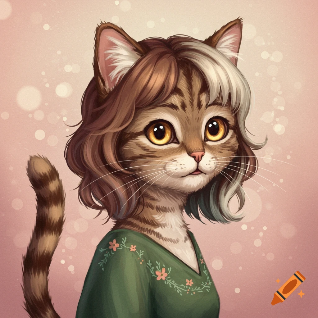 A tabby cat with human-like brown and white hair wearing a green dress.