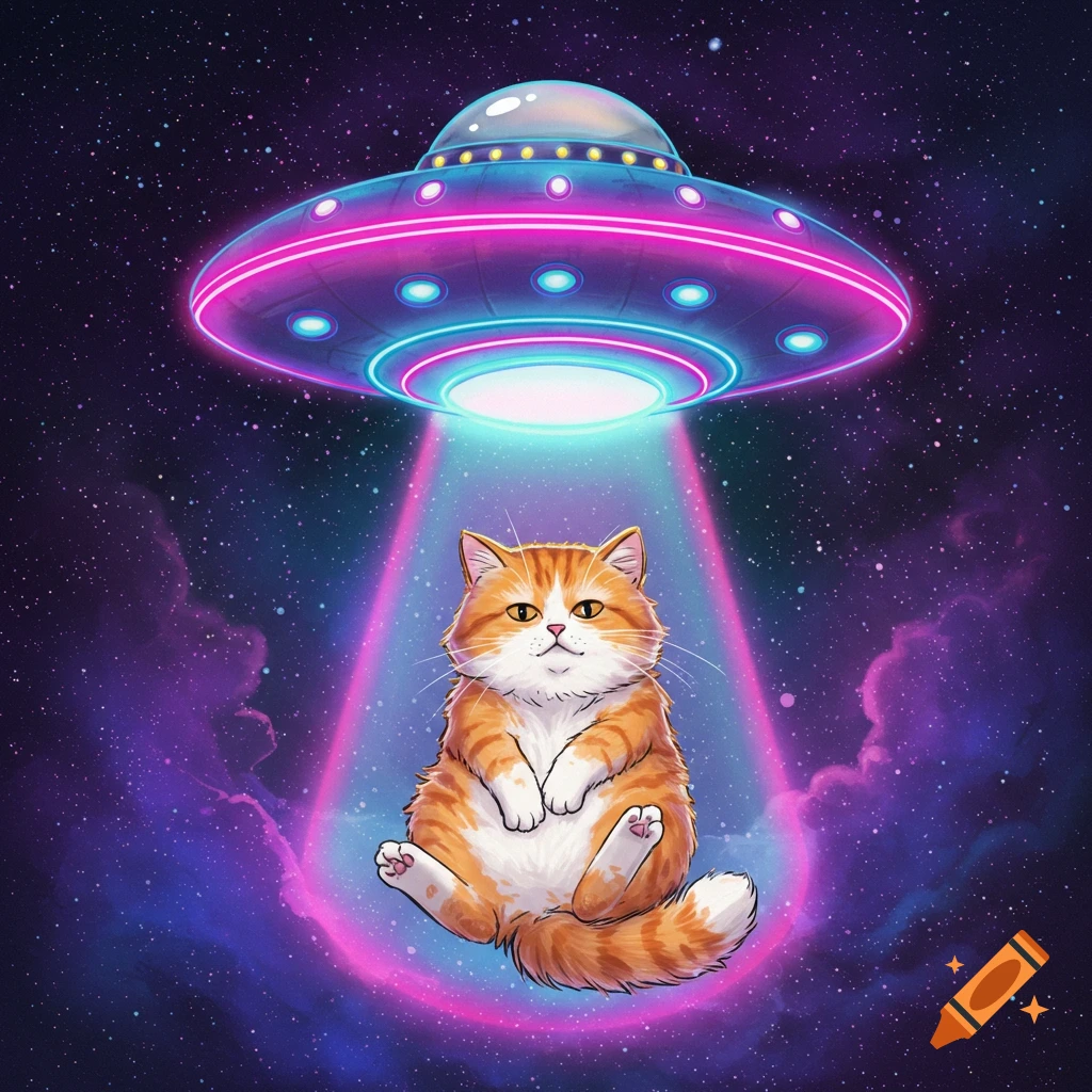 A lazy orange cat sits in a beam from a colorful UFO in space.
