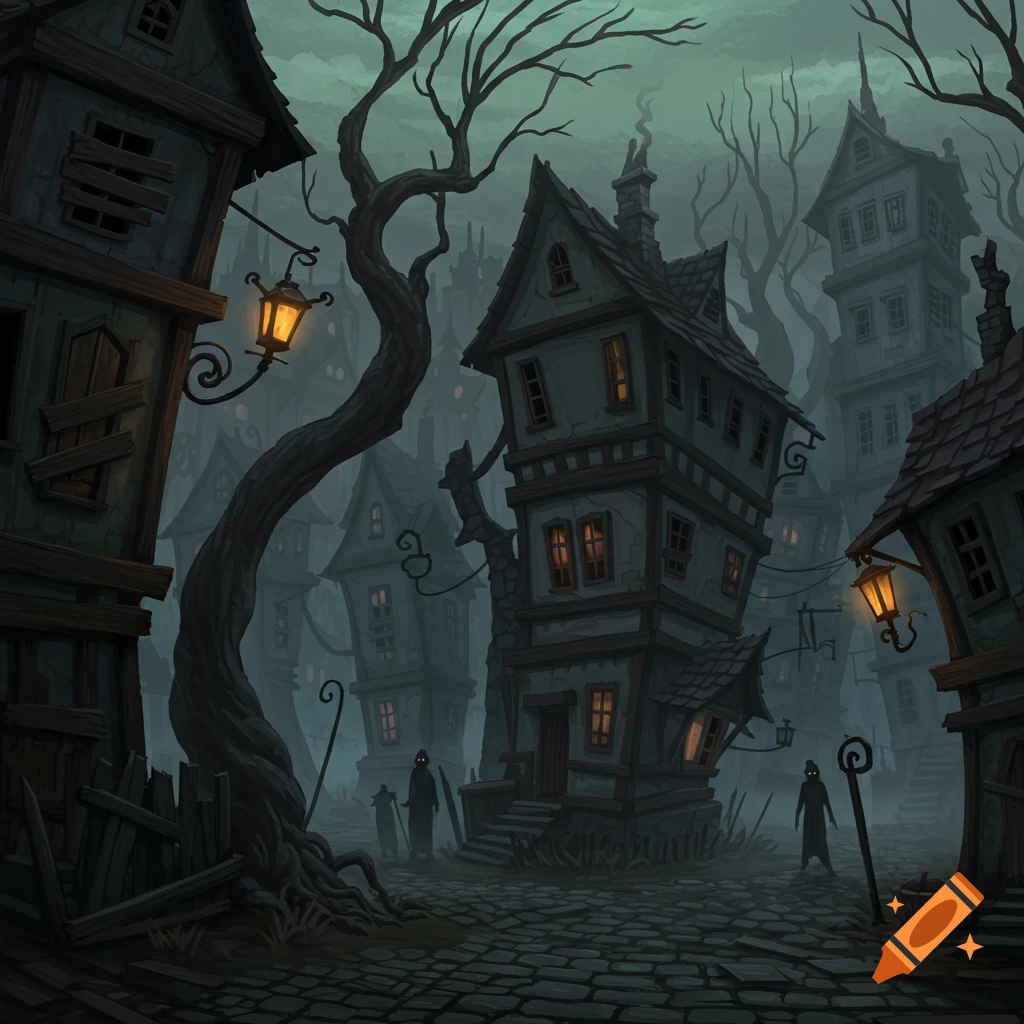A dark, creepy town with distorted buildings, bare trees, and shadowy figures on a cobblestone street.