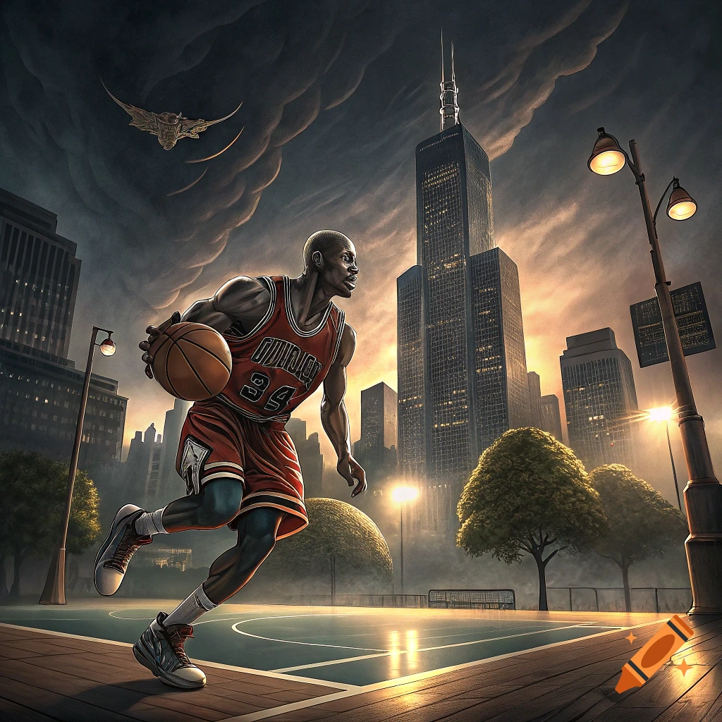 Stylized illustration of a man playing basketball on an outdoor court in a city with tall buildings