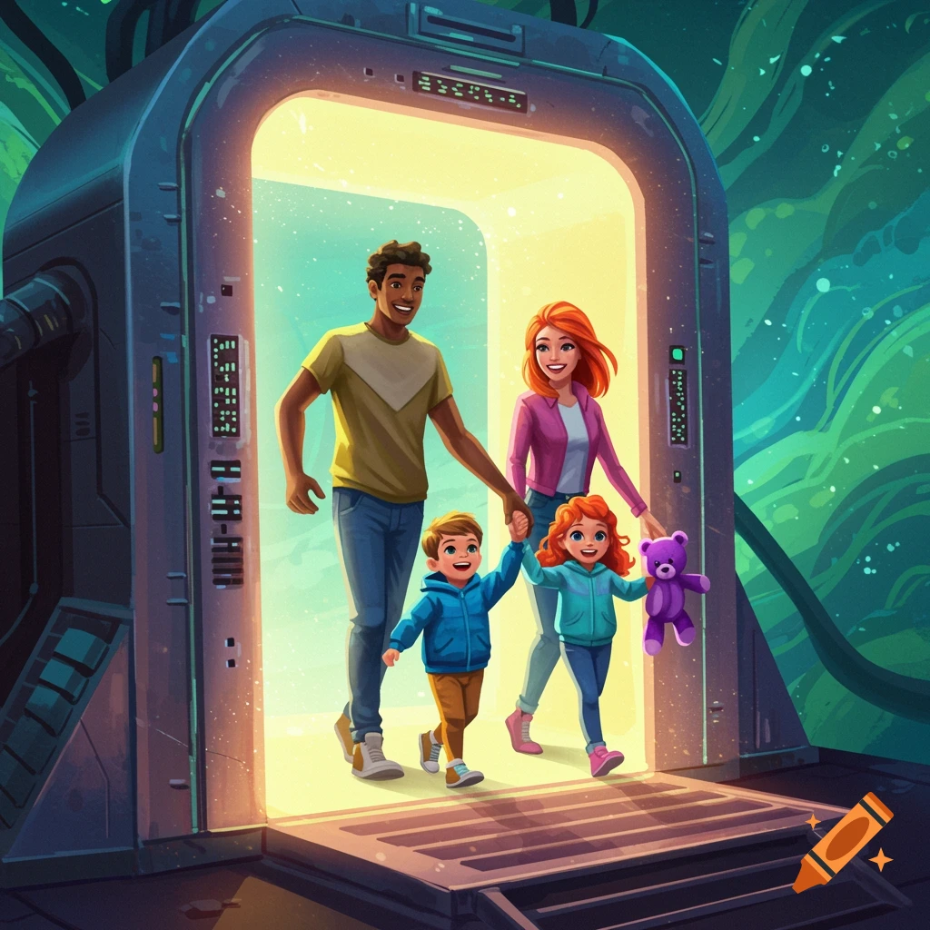 A diverse family steps out of a glowing teleporter portal.