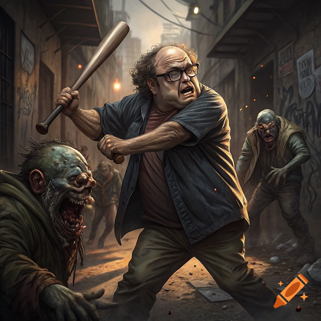 Danny Devito swings a baseball bat at a zombie in a dark alley, with other zombies approaching. Stylized illustration.