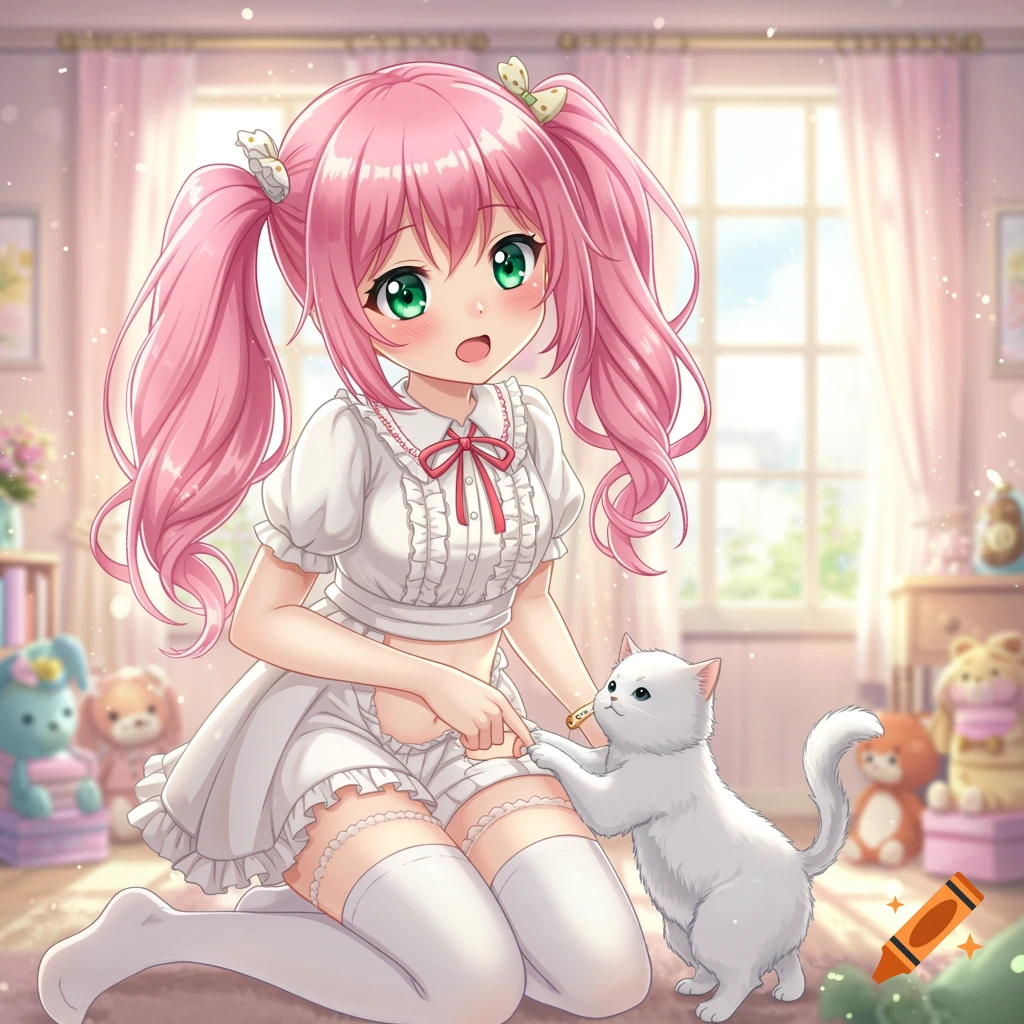 Cute anime girl with pink hair and green eyes in a frilly dress kneels with a white kitten in a pastel toy-filled room.