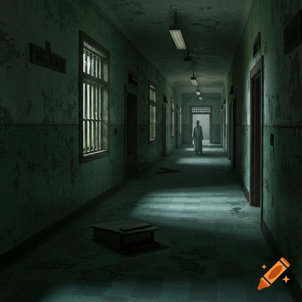 A dark, eerie hallway in an abandoned insane asylum with a solitary figure in the distance.