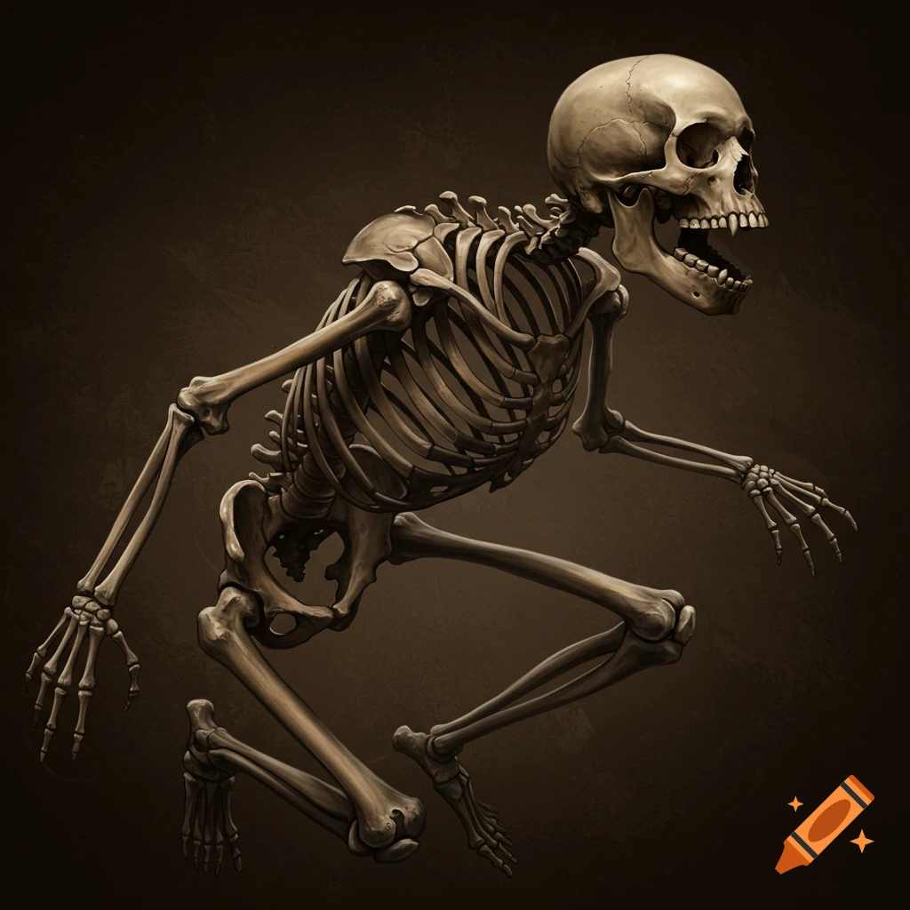 A skeletal figure is crouched with its mouth open, against a dark background.