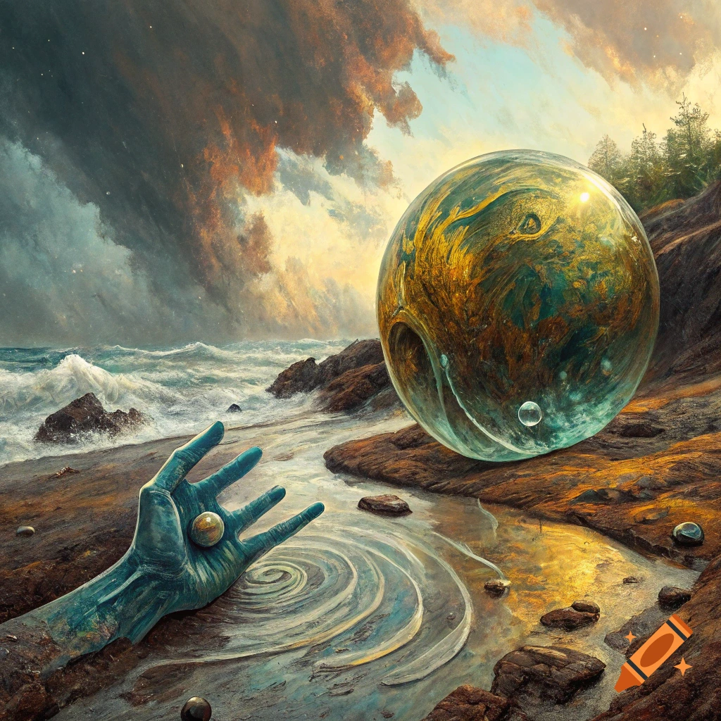 Surreal fantasy oil painting of a giant hand by the ocean holding a small sphere, next to a large glowing orb on a rocky shore.