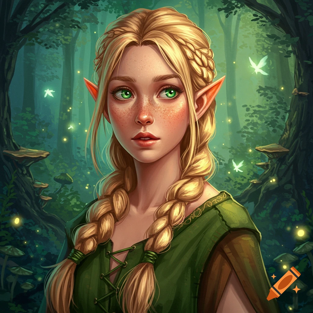 Portrait of a young elf girl with blonde braids, green eyes, and freckles in a magical forest