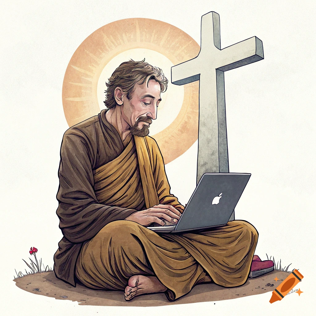 Illustration of a robed figure sitting cross-legged with a laptop, a cross and halo behind them.