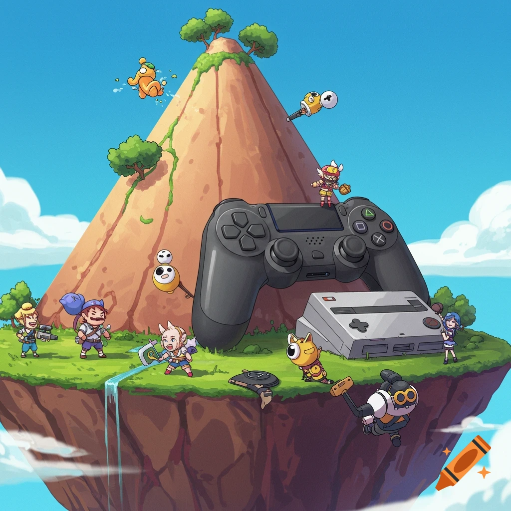 A cartoon style depiction of a floating island with game characters, a large controller, and a game console.