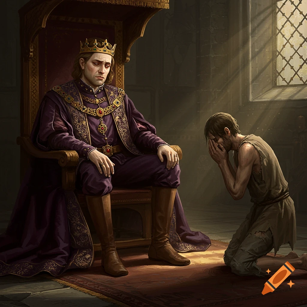 A king on a throne looks bored as a person in rags kneels before him, covering their face.