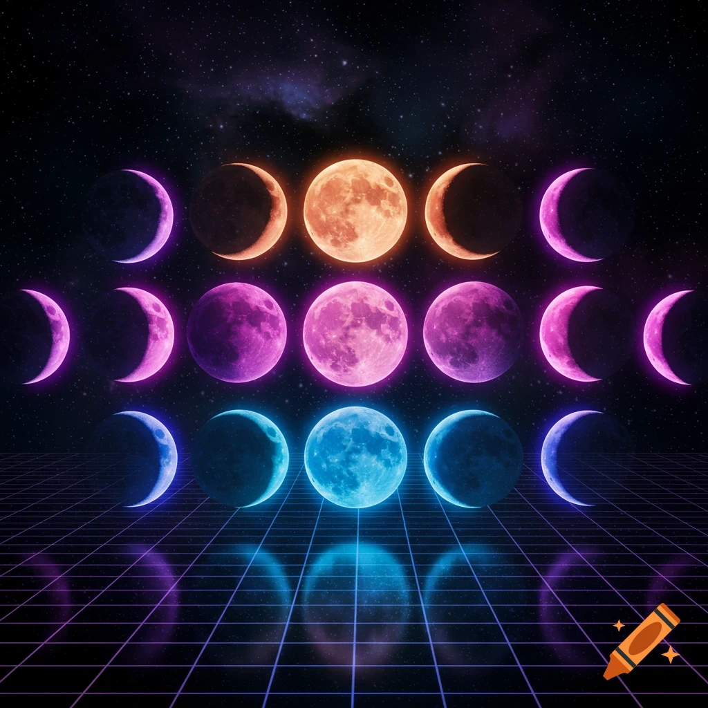 Colorful moon phases arranged on a futuristic grid in space with reflection.