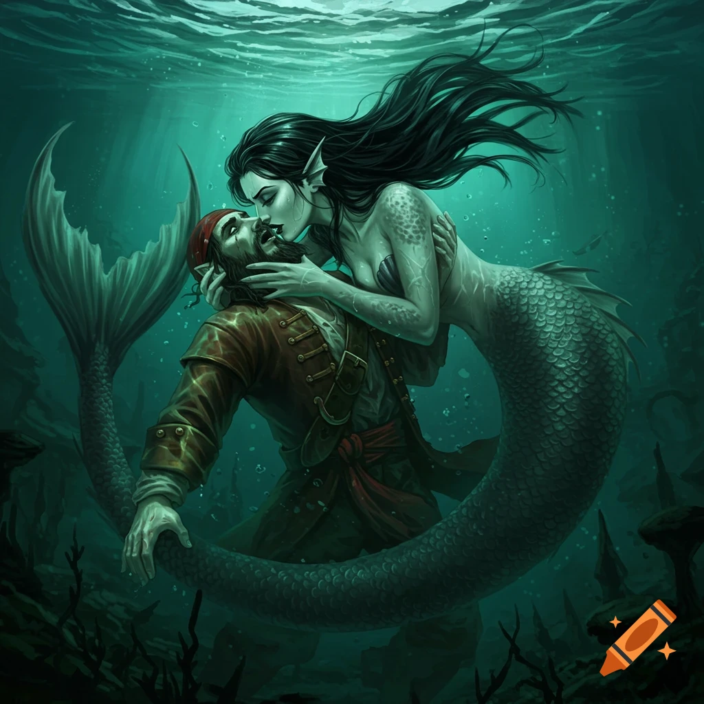 A mermaid embraces a pirate underwater.