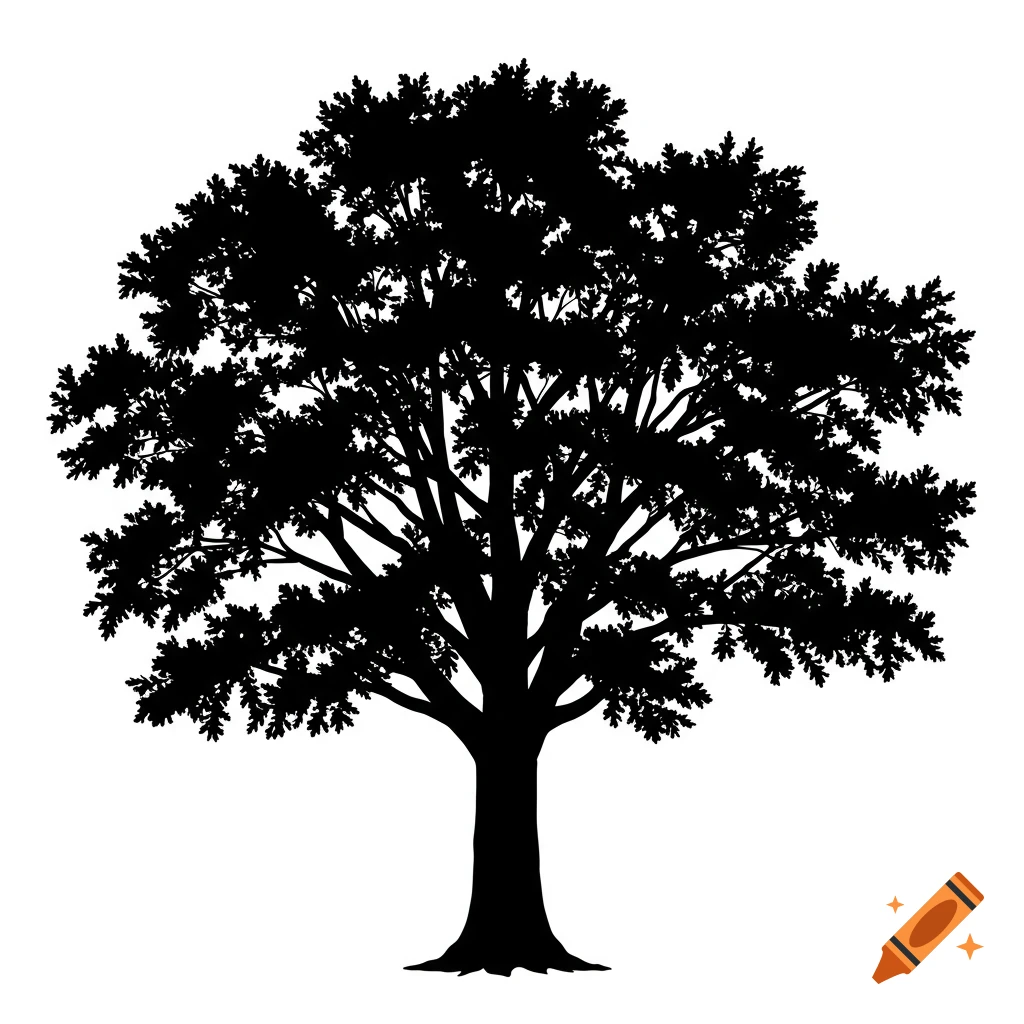 Black silhouette of an oak tree against a white background.