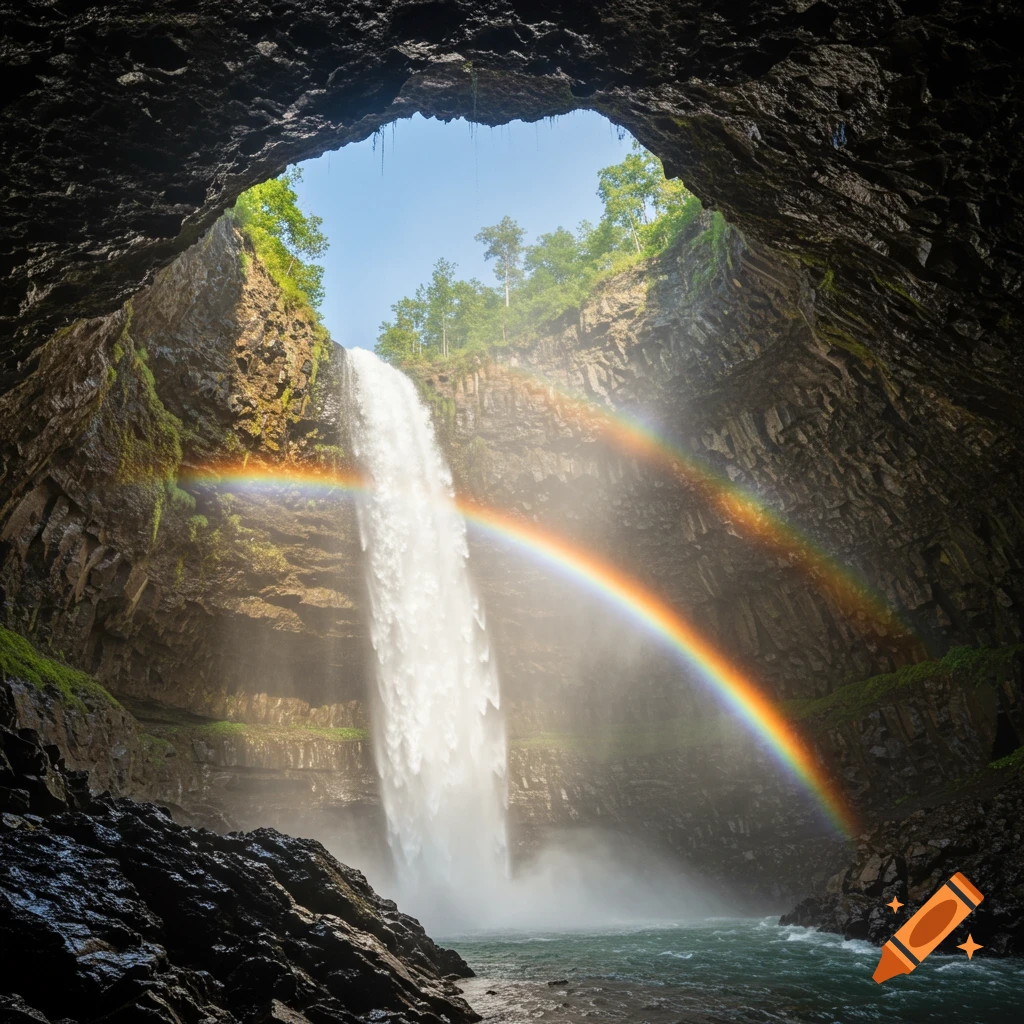 View from inside a rocky cave looking out at a waterfall with a rainbow arcing across the mist.