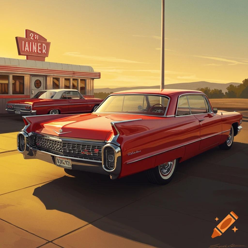 Red classic cars parked by a diner at sunset.