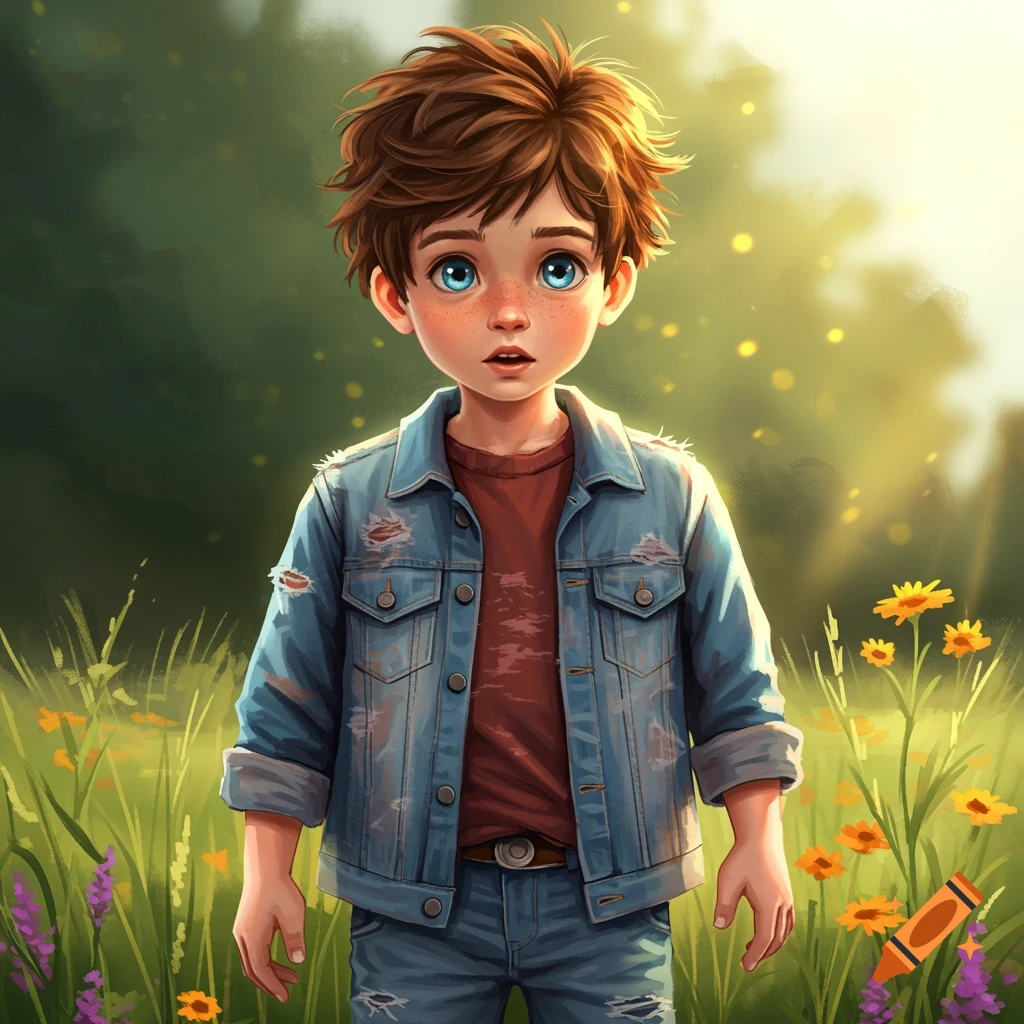 A boy with brown hair and blue eyes wearing a denim jacket, standing in a sunlit meadow of wildflowers.