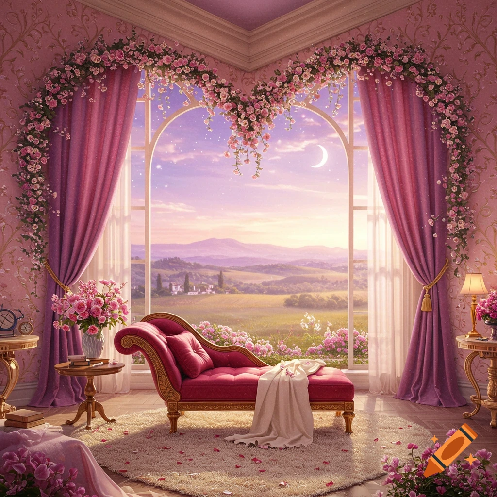 Luxurious pink room with floral decorations, a chaise lounge, and a window view of a twilight landscape with a crescent moon. Painting style.