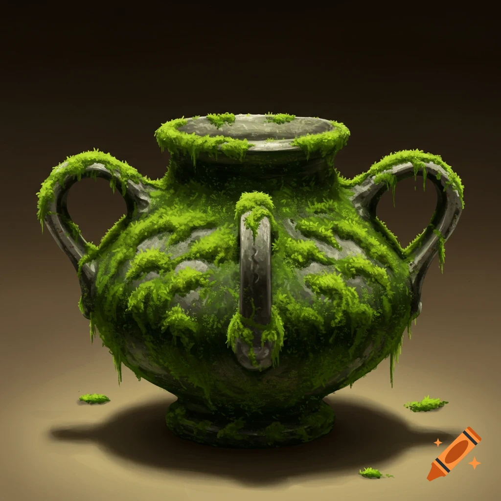 A moss-covered, three-handled pot.