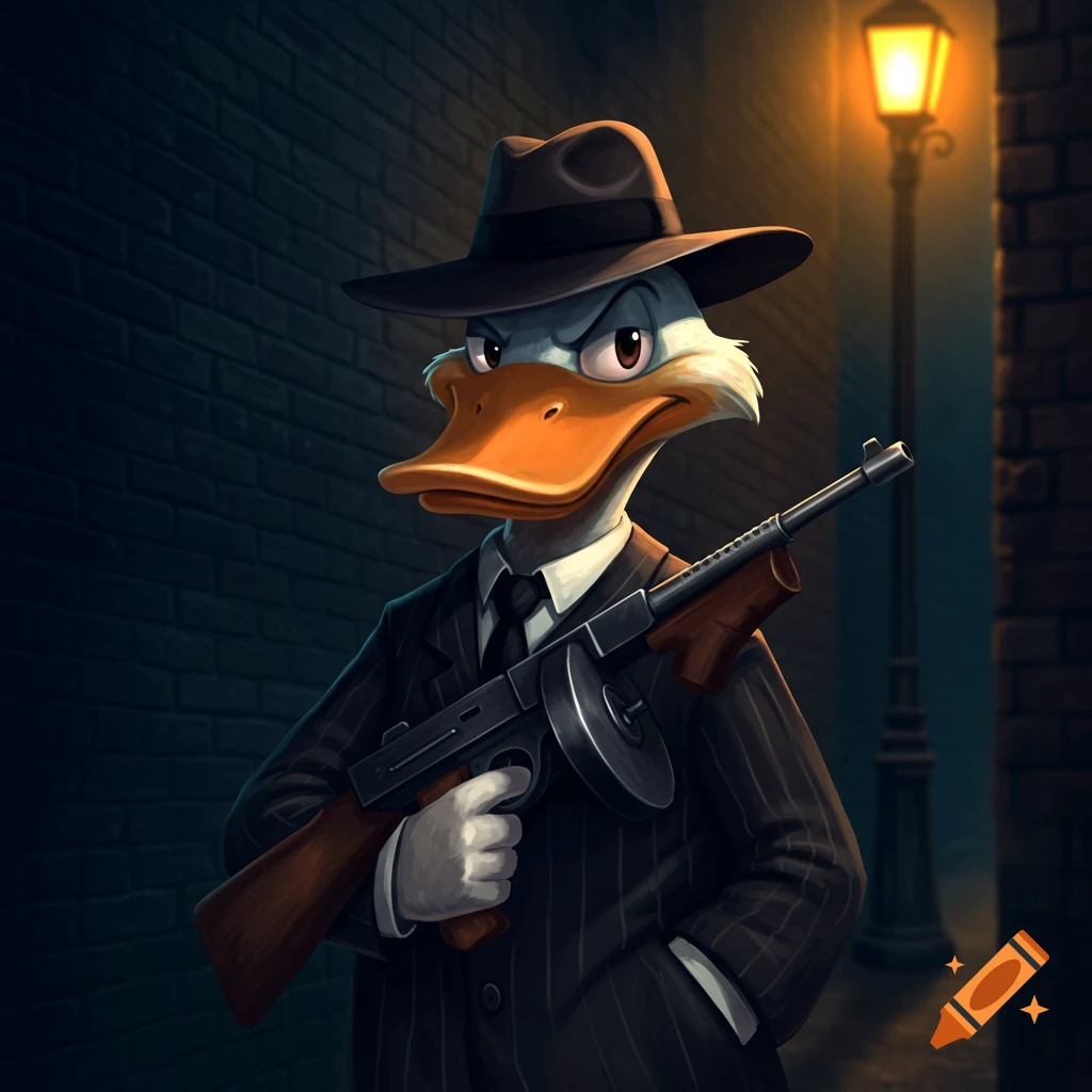 A cartoon duck dressed as a gangster with a fedora and pinstripe suit, holding a Tommy gun in a dark alley.