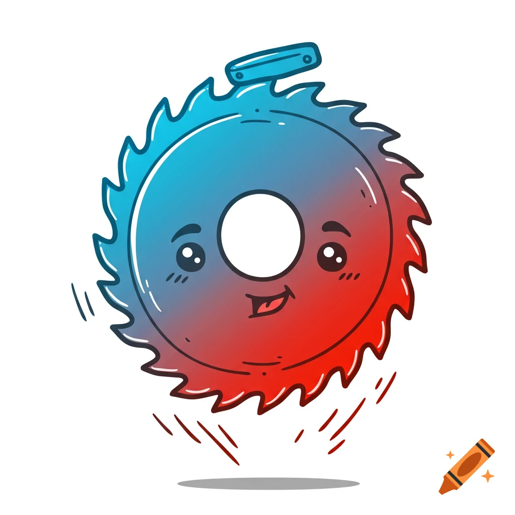 Cartoon illustration of a blue and red sawblade character jumping