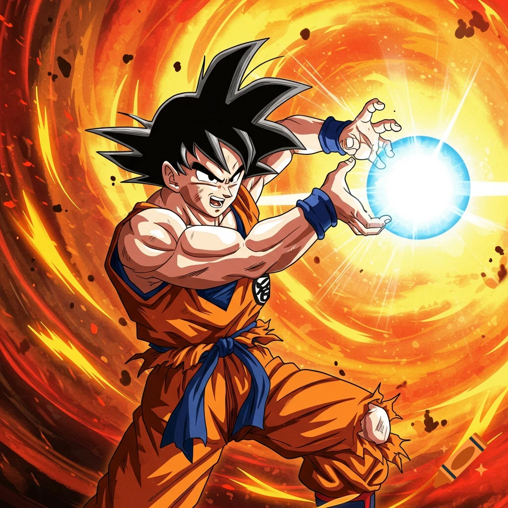 Goku from Dragon Ball Z charging a blue energy blast amidst an orange swirl.