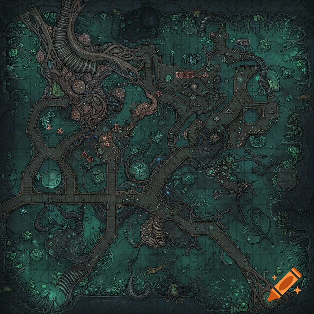 Top-down sci-fi RPG battle map in HR Geiger style, featuring organic structures and dark water.