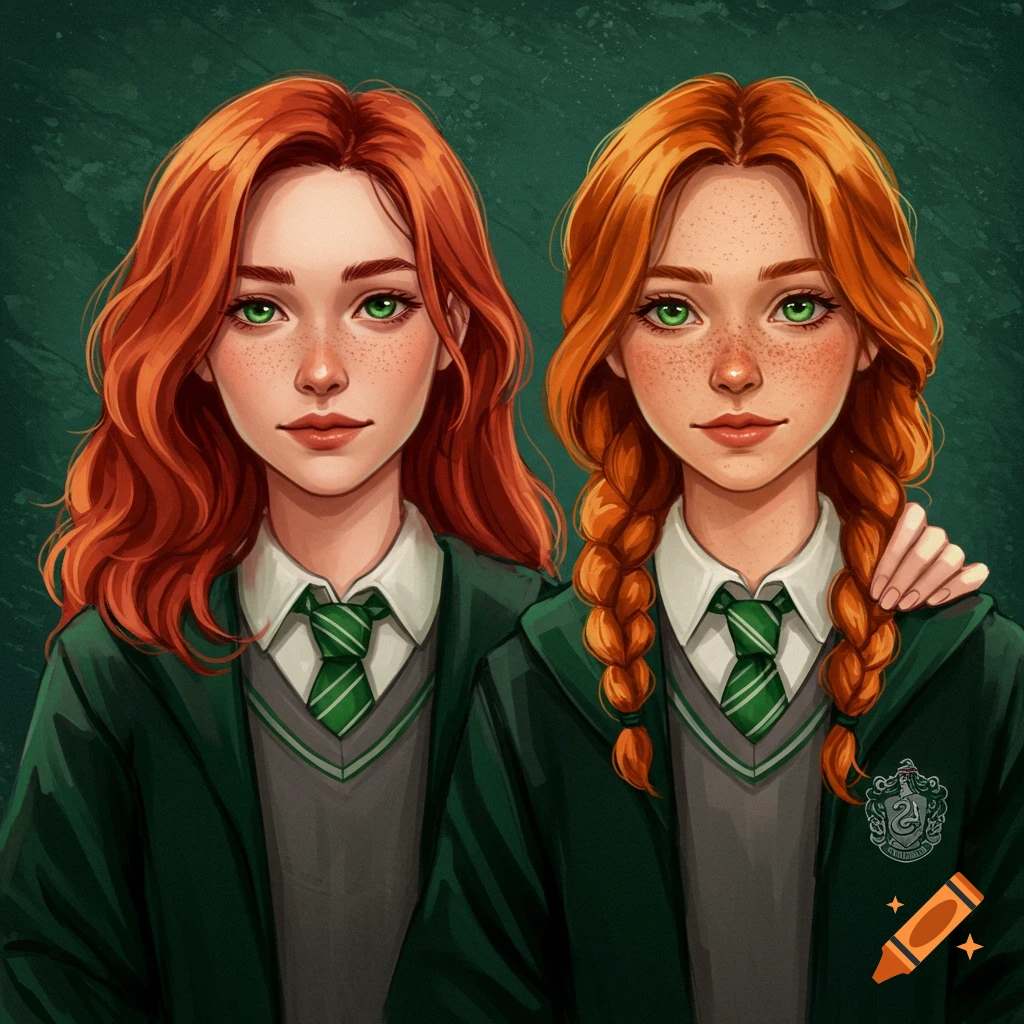 Two red-haired girls in green and grey fantasy school uniforms