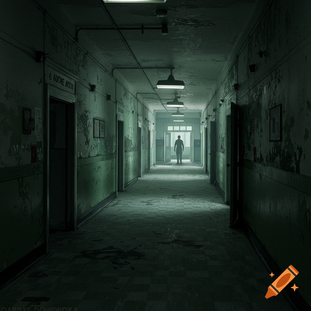 Dark, eerie hallway in an abandoned asylum with a silhouette figure at the end.