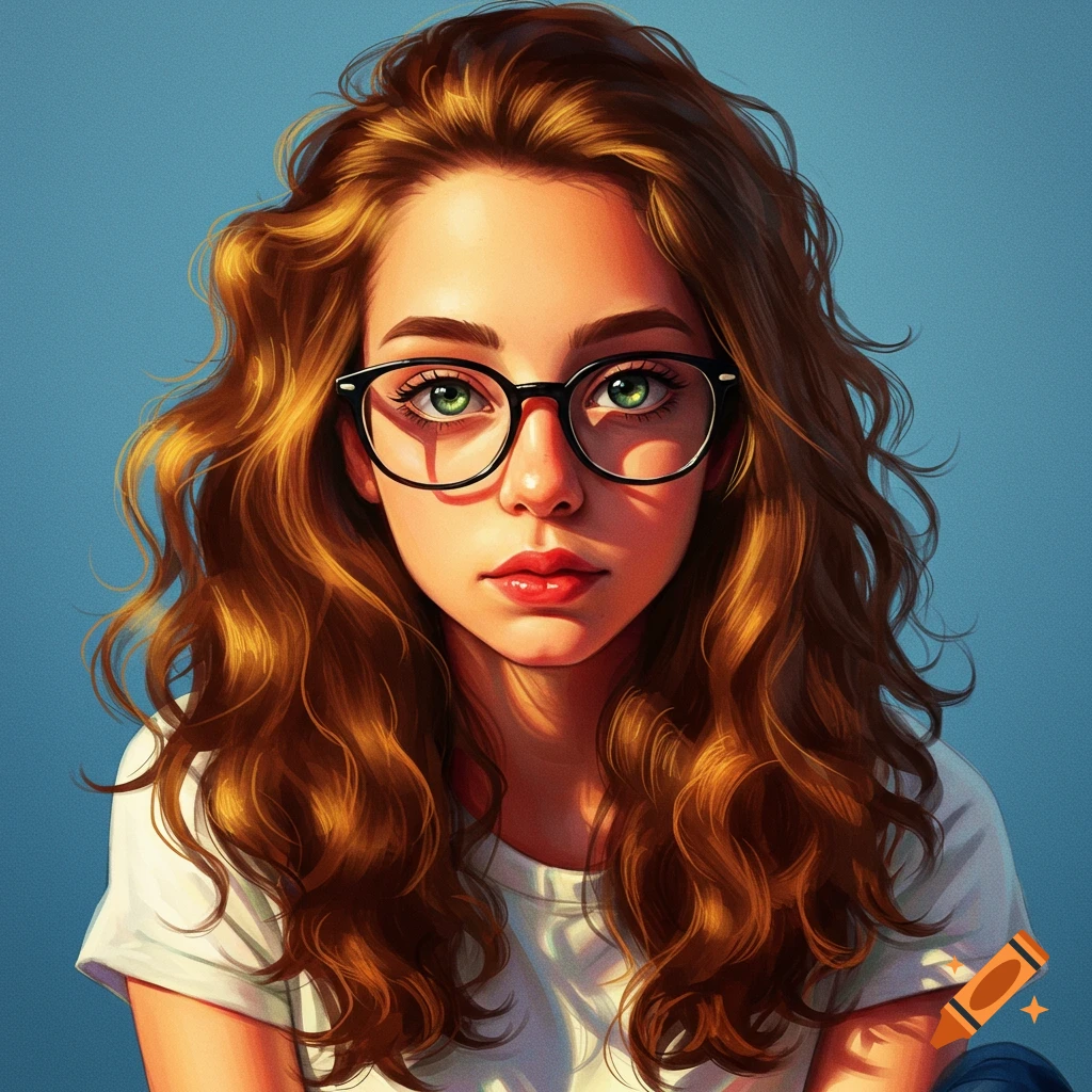 Young woman with long brown curly hair and glasses. on Craiyon