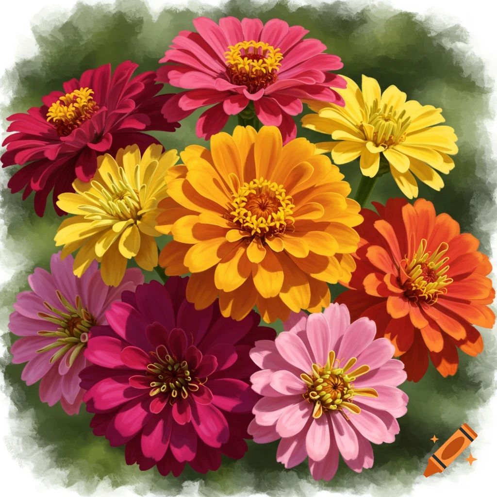 A painting of colorful zinnias