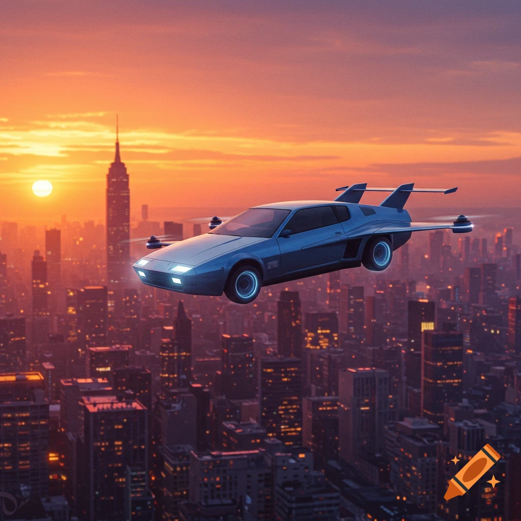 A blue futuristic flying car hovers over a city skyline at sunset.