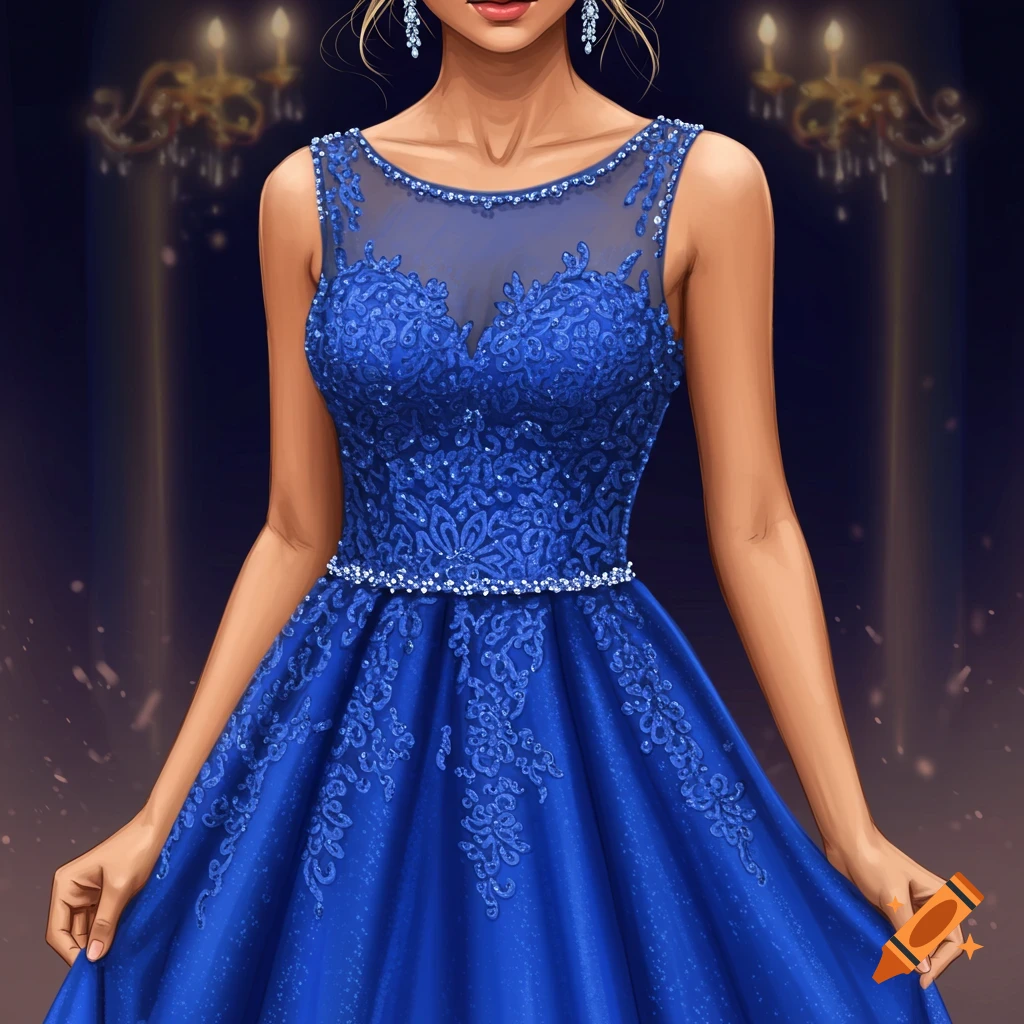 A woman in a sparkly blue prom dress with lace stands in a ballroom.