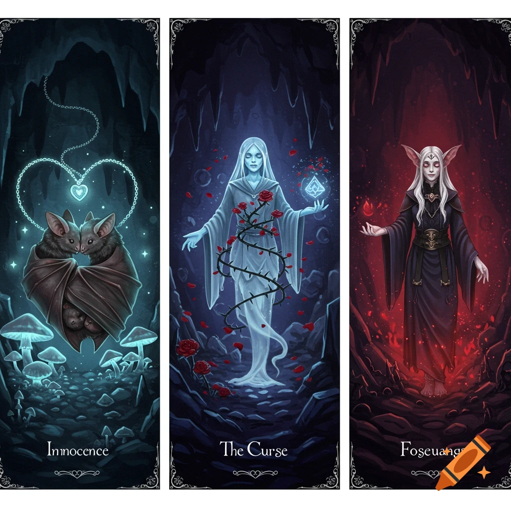 A fantasy triptych illustration. Panel 1: Two bats cuddle in a heart shape. Panel 2: A ghostly figure with roses. Panel 3: An elf in dark robes.