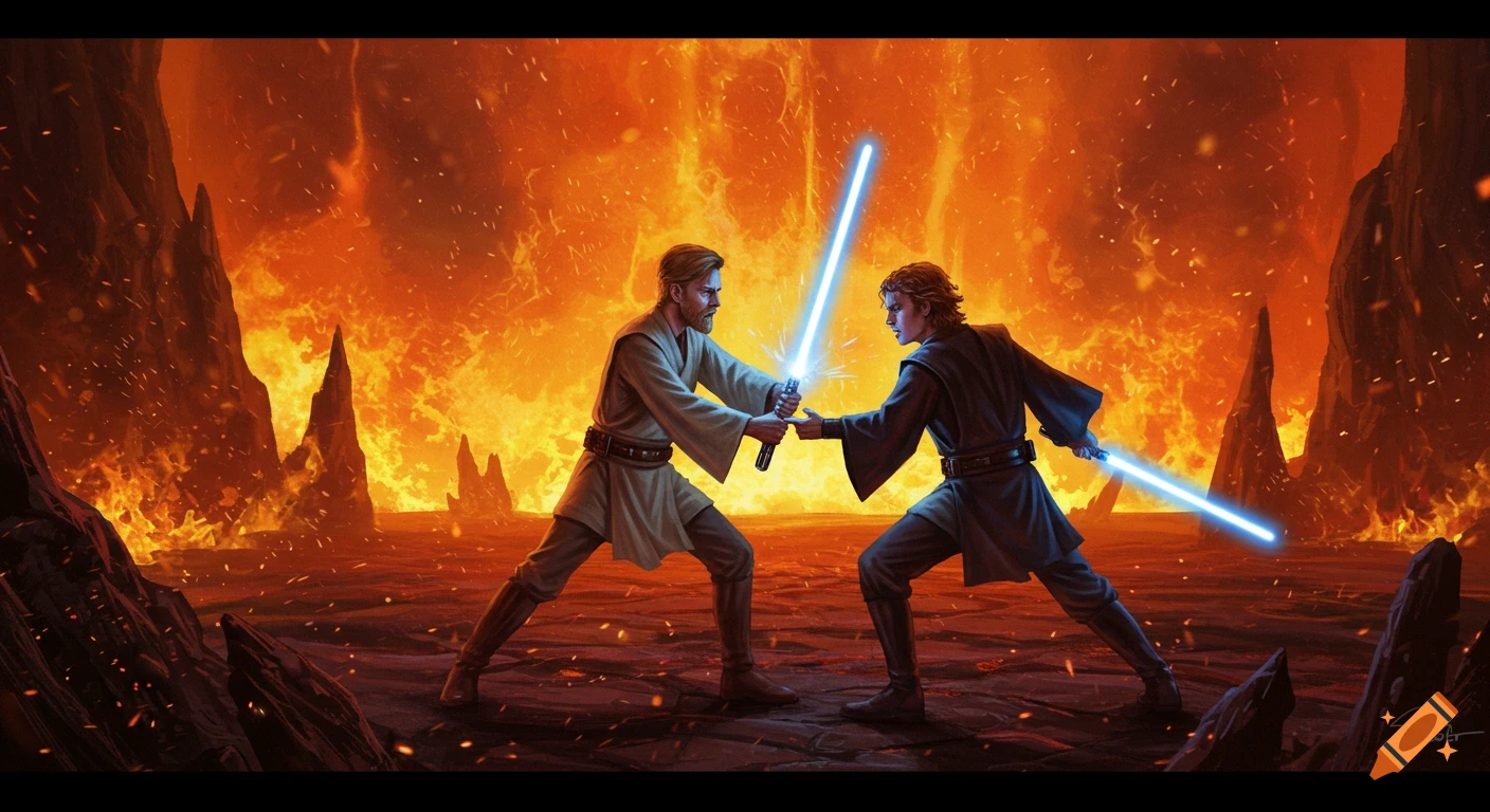 Anakin and Obi-Wan dueling with lightsabers in a fiery landscape.