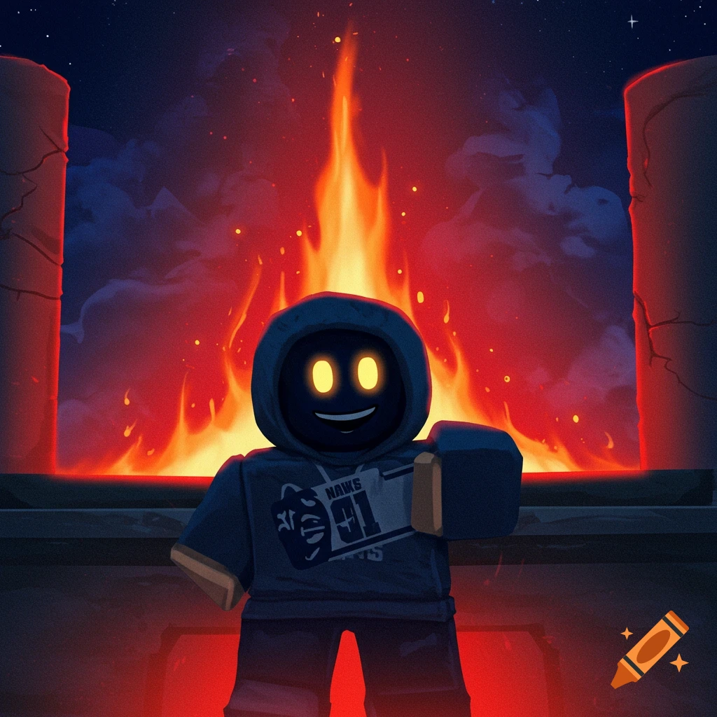Blocky character with glowing eyes and a smile stands before a large fire between stone columns, giving a thumbs-up.
