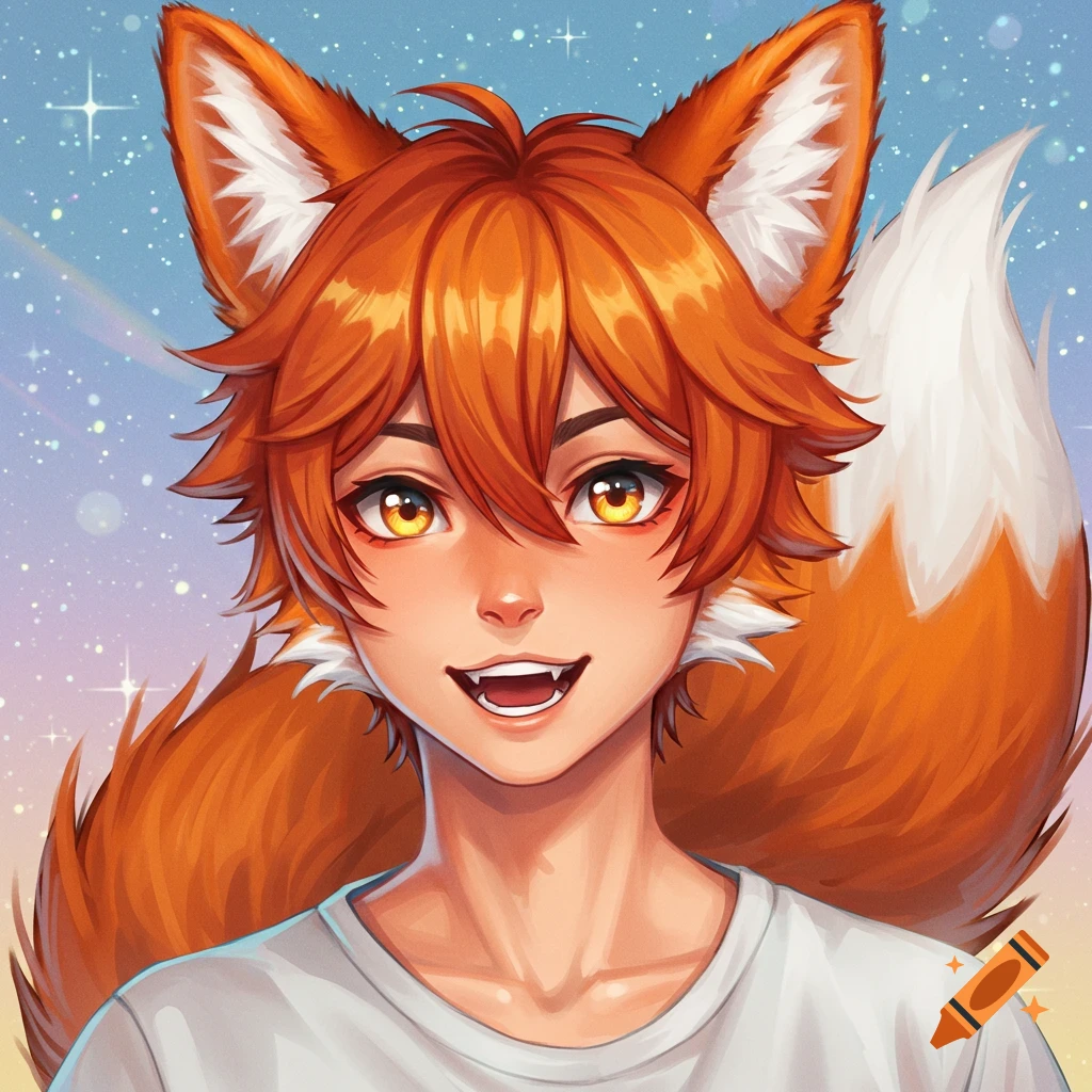 Close-up of a cheerful orange fox-boy character against a starry sky.