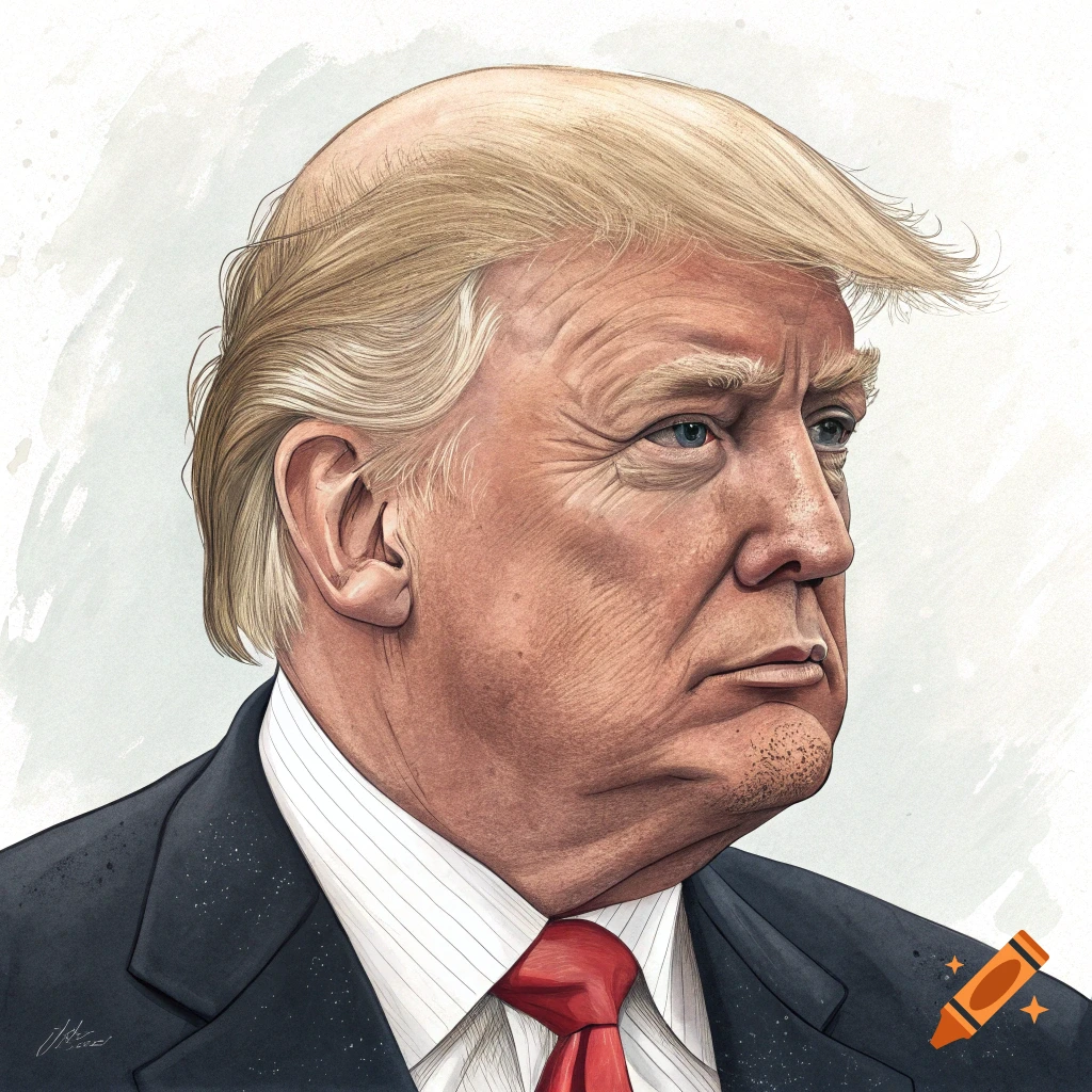Watercolor illustration of a man resembling Donald Trump, bald on top, wearing a suit and red tie.