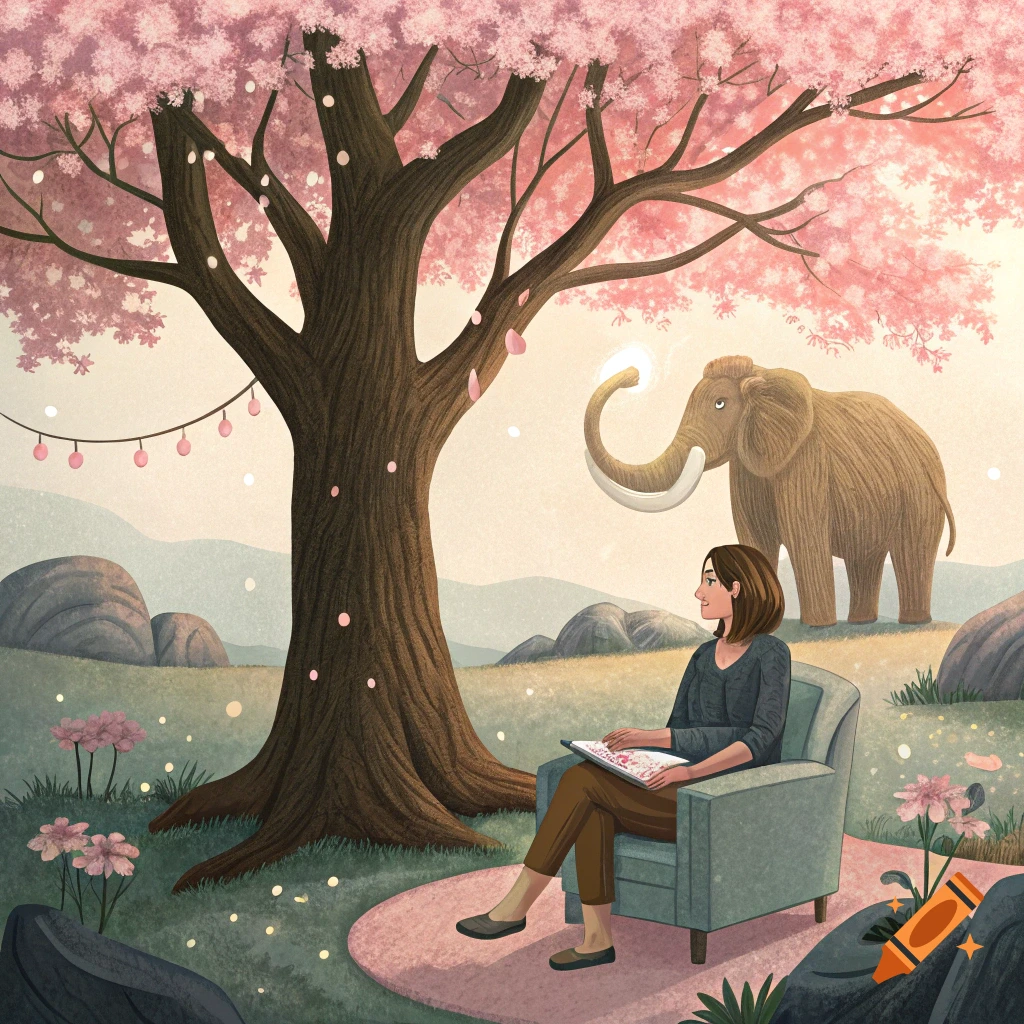 An illustration of a woman sitting in a chair under a cherry tree while an elephant stands nearby with a glowing trunk.