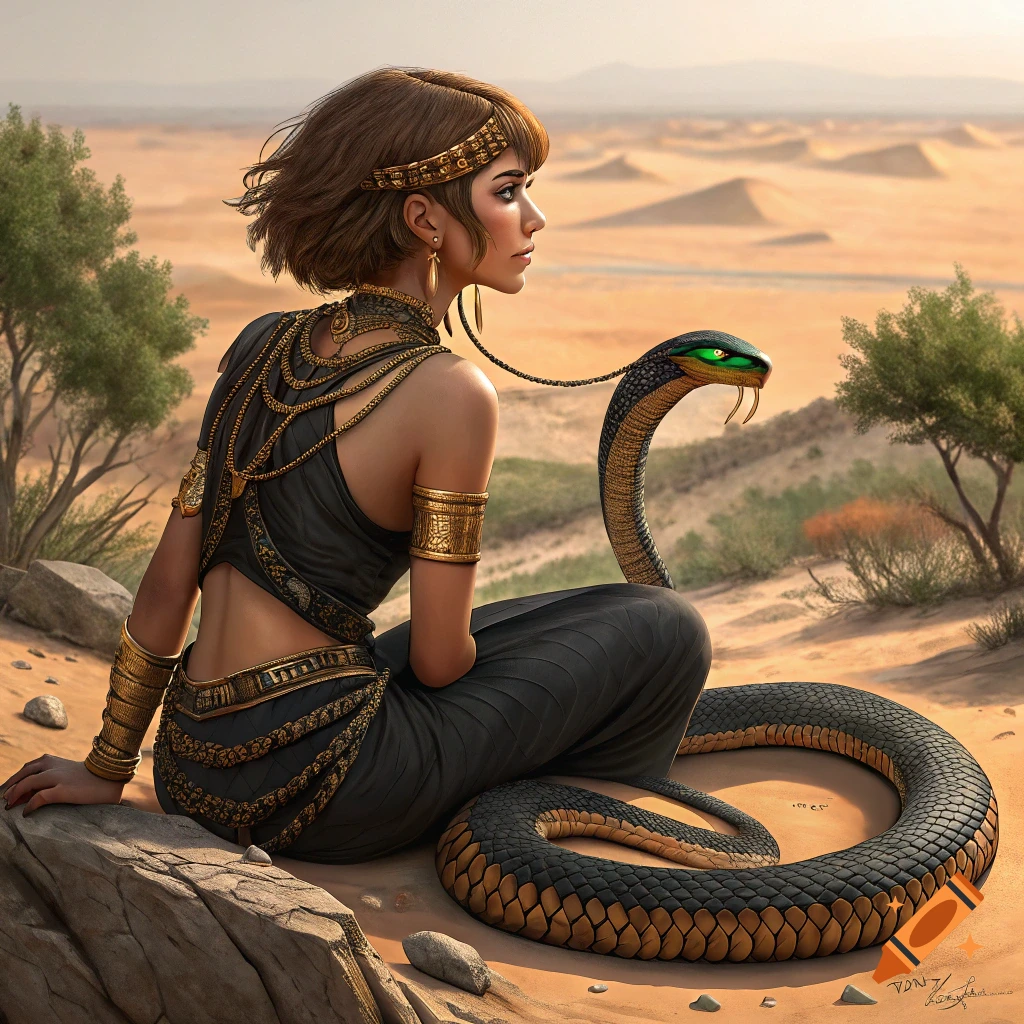 Woman with a snake tail and Egyptian jewelry sits on a rock in a desert, looking into the distance.