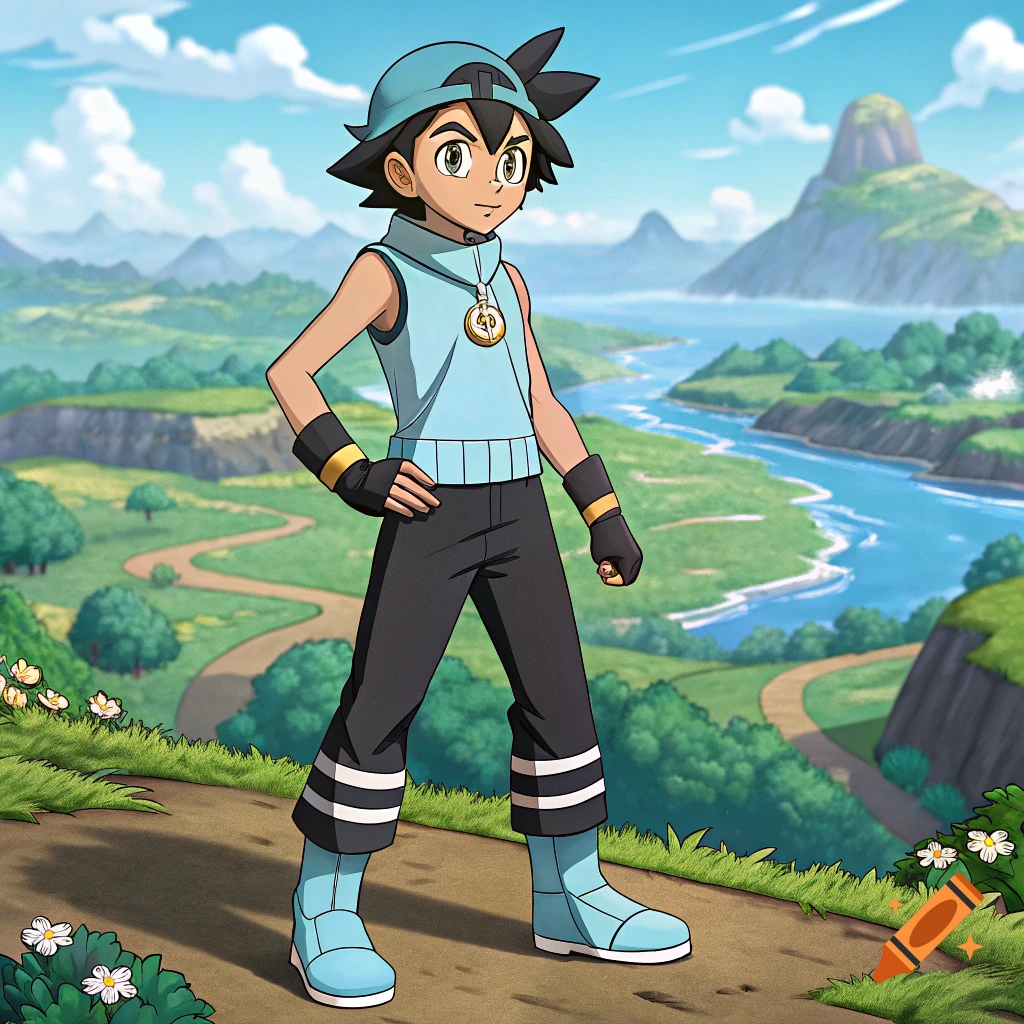 An anime character resembling Ash Ketchum stands in a scenic landscape.